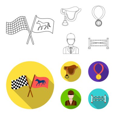 Eyer, madalya, şampiyon, kazanan. Hipodrom ve at anahat, düz stil vektör simge stok çizim web simgeler ayarla.