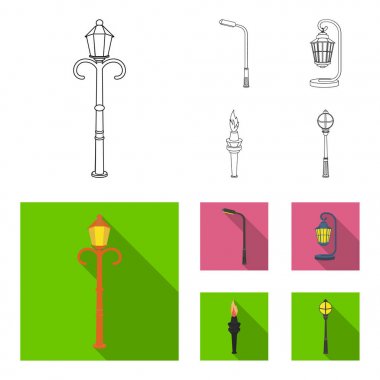 Retro tarzı, modern fener, meşale ve diğer tip-in sokak sokak lâmbası direği. Elektrik direği toplama simgeler anahat, düz stil vektör simge stok çizim web ayarla..