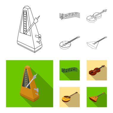 Müzik aleti anahat, set koleksiyonu tasarım için düz simgeler. Resimde web dize ve Nefesli/Üflemeli Saz izometrik vektör simge stok.