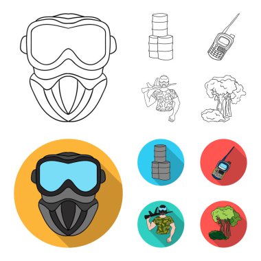 Ekipman, maske, varil, barikat. Paintball toplama simgeler anahat, düz stil vektör simge stok çizim web ayarla..