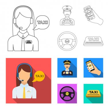 Bir taksi sürücüsü ile bir mikrofon, bir taksi şoförü direksiyonda, bir cep telefonu ile bir sayı, bir araba direksiyon. Anahat, düz stil vektör simge stok çizim web simgeler taksi ayarla.