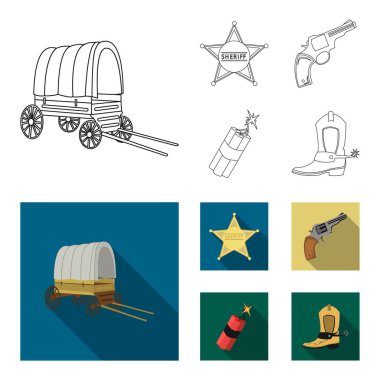 Yıldız Şerif, Colt, dinamit, kovboy çizme. Vahşi Batı toplama simgeler anahat, düz stil vektör simge stok çizim web ayarla..