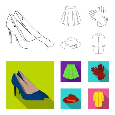 Etek kıvrımlar, deri eldiven, bir yay ile kadın şapka, raptiye forması ile. Kadın giyim koleksiyonu simgeleri anahat, düz stil vektör simge stok çizim web ayarlamak..