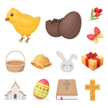 Paskalya set koleksiyonu tasarım için bir Hıristiyan tatil karikatür simgeleri olduğunu. Paskalya öznitelikleri sembol stok web illüstrasyon vektör.