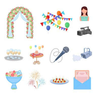 Set koleksiyonu tasarım için olay organizasyon karikatür simgeler. Kutlama ve öznitelikleri sembol stok web illüstrasyon vektör.