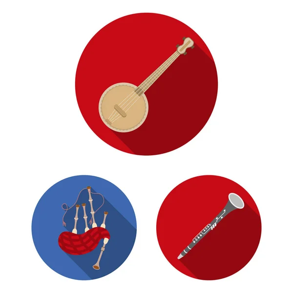Instrumento musical iconos planos en colección de conjuntos para el diseño. Cadena y viento instrumento vector símbolo stock web ilustración . — Vector de stock