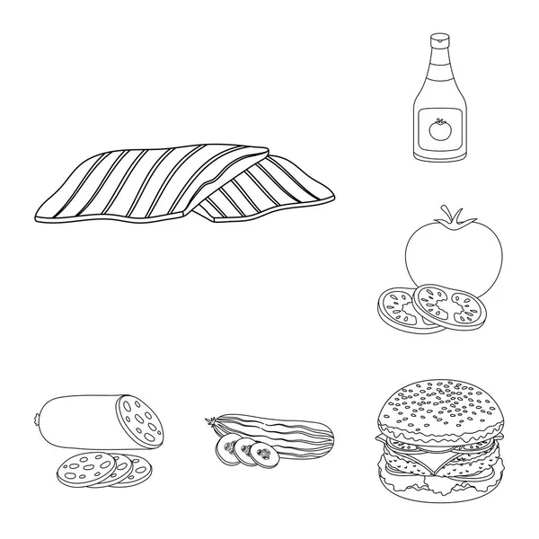 Burger e ingredientes delinear ícones na coleção de conjuntos para design. Burger cozinhar vetor símbolo web ilustração . —  Vetores de Stock