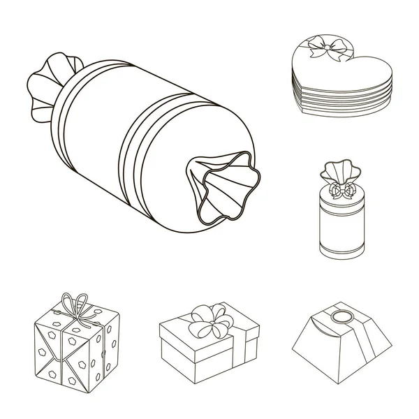 Iconos del contorno del regalo y del embalaje en colección del sistema para la ilustración de la tela del símbolo del vector del embalaje del diseño. . — Archivo Imágenes Vectoriales