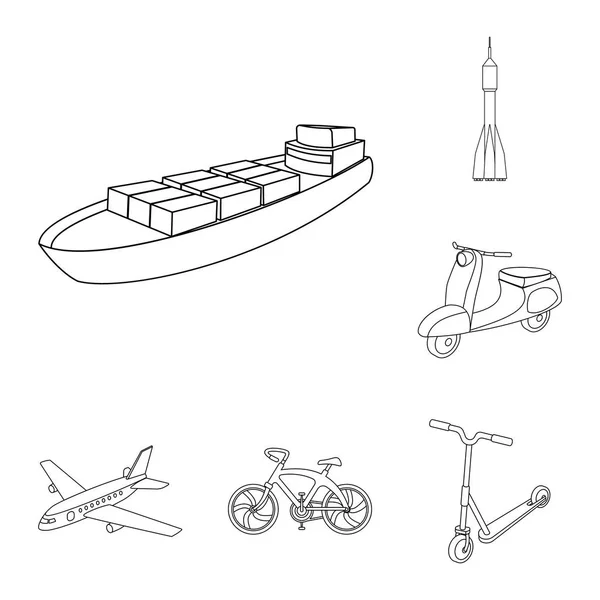 Различные типы иконок контуров транспорта в наборе для проектирования. Векторные символы автомобилей и кораблей . — стоковый вектор