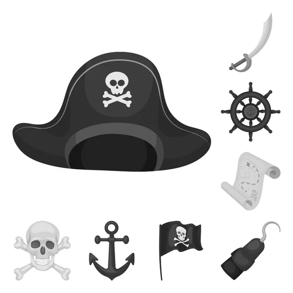 Piraten, Seeräuber monochrome Ikonen in Set-Kollektion für Design. Schätze, Attribute Vektor Symbol Stock Web Illustration. — Stockvektor