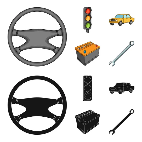 Közlekedési lámpa, régi autó, akkumulátor, csavarkulcs, autós készlet gyűjtemény ikonok-ban rajzfilm, fekete stílus vektor szimbólum stock illusztráció web. — Stock Vector