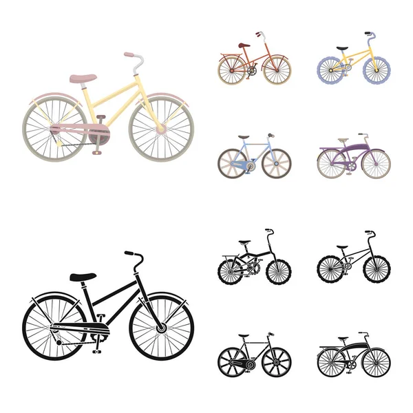 Bicicleta das crianças e outros tipos. Ícones diferentes da coleção do jogo das bicicletas nos desenhos animados, teia preta da ilustração do estoque do símbolo do vetor do estilo . —  Vetores de Stock