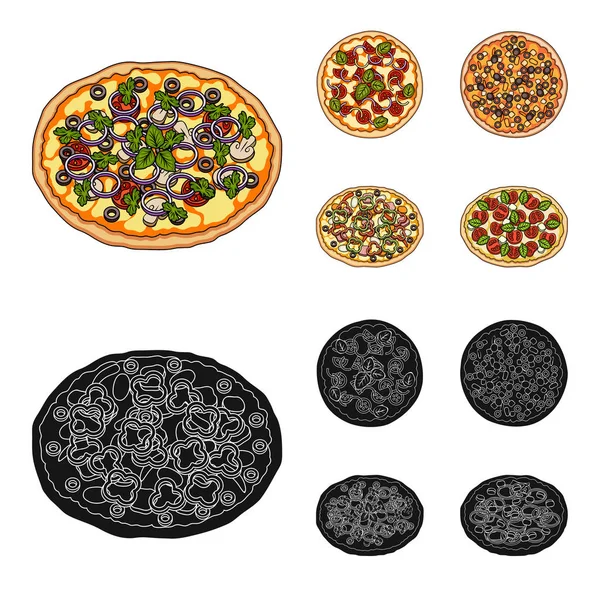 Et, peynir ve diğer dolgu pizza. Çizgi film, siyah stil vektör simge stok çizim web simgeler farklı pizza ayarla. — Stok Vektör