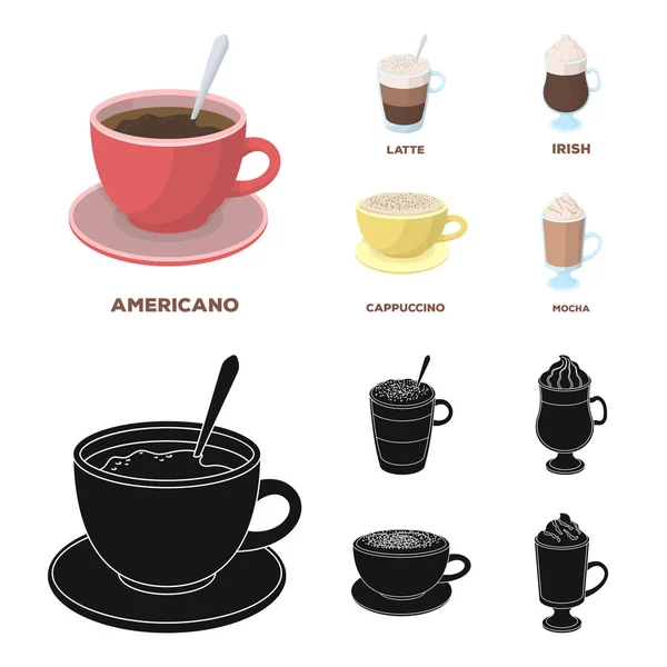 미국, 늦은, 아일랜드어, 카푸치노입니다. 커피의 종류, 블랙 스타일 벡터 기호 재고 일러스트 웹에서에서 컬렉션 아이콘을 설정. — 스톡 벡터