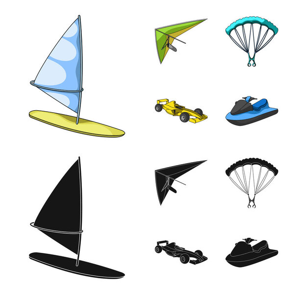 Hang glider, parachute, racing car, water scooter.Extreme sport set collection icons in cartoon,black style vector symbol stock illustration web.