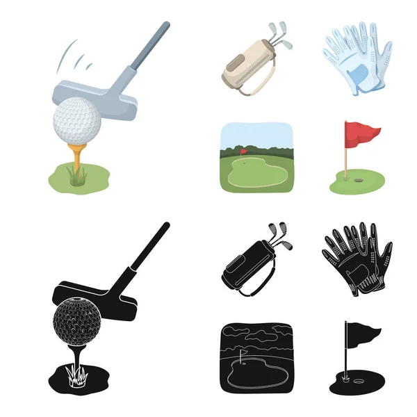A ball with a golf club, a bag with sticks, gloves, a golf course.Golf club set collection icons in cartoon,black style vector symbol stock illustration web.