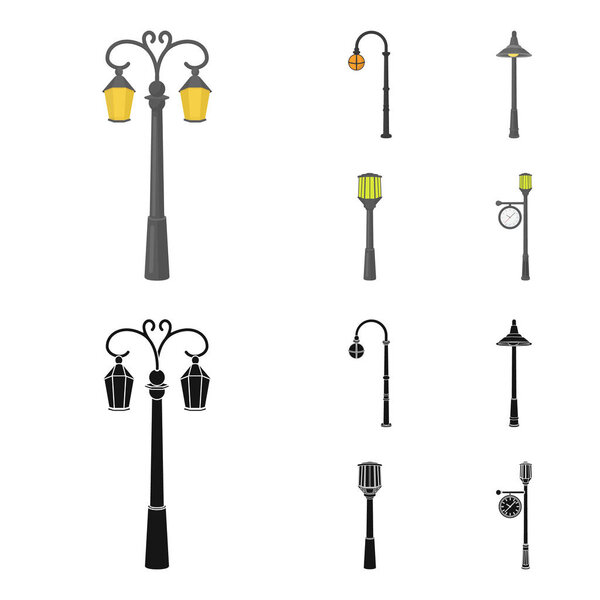 Lamppost in retro style,modern lantern, torch and other types of streetlights. Lamppost set collection icons in cartoon,black style vector symbol stock illustration web.