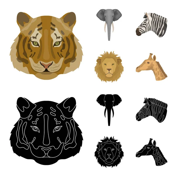 Tiger, Löwe, Elefant, Zebra, realistische Tiere setzen Sammlungssymbole in Cartoon, schwarzer Stil Vektor Symbol Stock Illustration Web. — Stockvektor