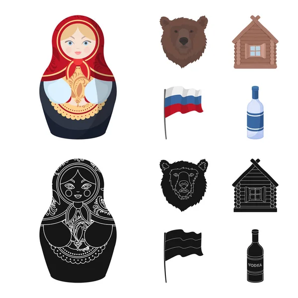 Rosja, kraj, naród, matryoshka. Kraj Rosja zestaw kolekcja ikony kreskówki, czarny styl wektor symbol czas ilustracja web. — Wektor stockowy