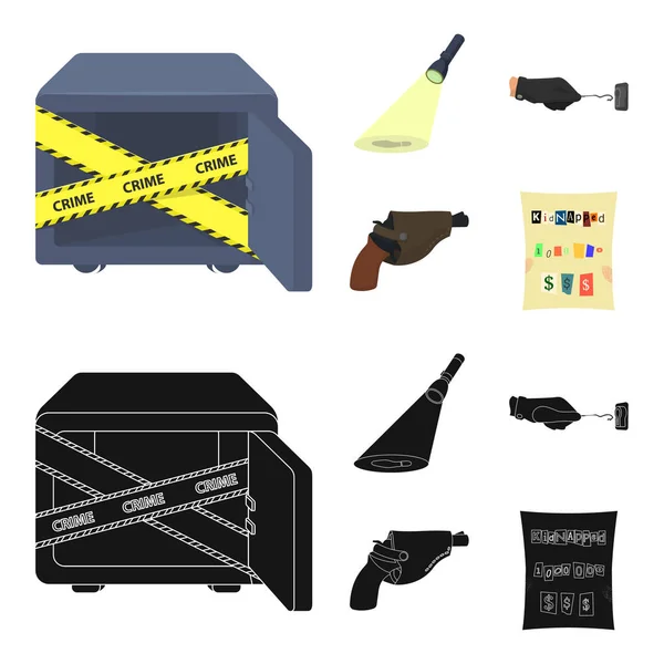 The detective flashlight illuminates the footprint, the criminal hand with the master key, a pistol in the holster, the kidnapper claim. Crime and detective set collection icons in cartoon,black style — Stock Vector