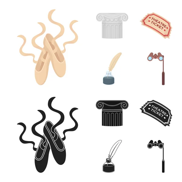 Pointe-schoenen, kolom, theater ticket, inktpotje met veren. Theater instellen collectie iconen in de tekenfilm, zwarte stijl vector symbool stock illustratie web. — Stockvector