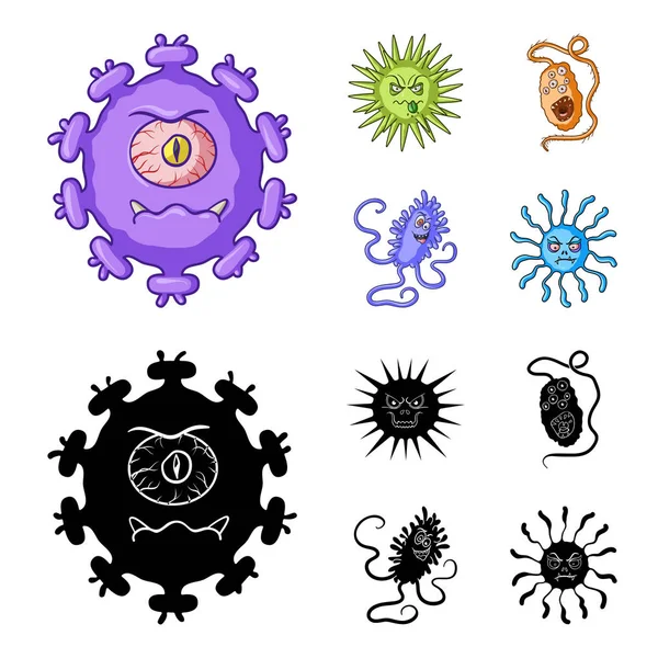 Различные типы микробов и вирусов. Вирусы и бактерии устанавливают иконки коллекции в мультфильме, черном стиле векторных символов иконок паутины . — стоковый вектор