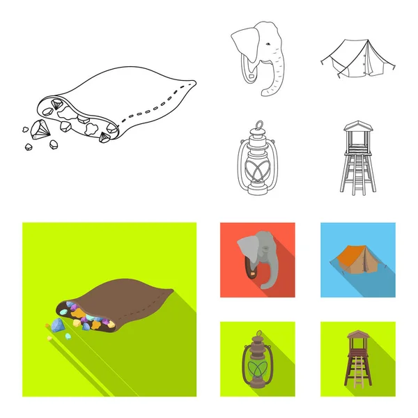 A bag of diamonds, an elephant head, a kerosene lamp, a tent. African safari set collection icons in outline,flat style vector symbol stock illustration web. — Stock Vector