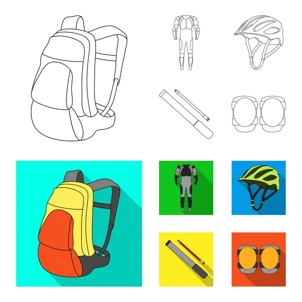 Full-body suit for the rider, helmet, pump with a hose, knee protectors.Cyclist outfit set collection icons in outline,flat style vector symbol stock illustration web. — Stock Vector