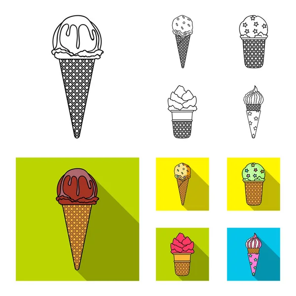 Fagylalt a bottal, egy waffle kúp és más fajok. Ice cream készlet ikonok gyűjtemény vázlat, lapos stílusú vektor szimbólum stock illusztráció web. — Stock Vector