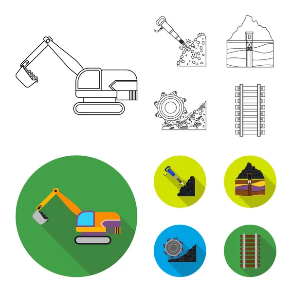 Escavatore, tunnel, ascensore, raccoglitore di carbone e altre attrezzature. icone di raccolta miniera set in contorno, stile piatto vettore simbolo stock illustrazione web . — Vettoriale Stock