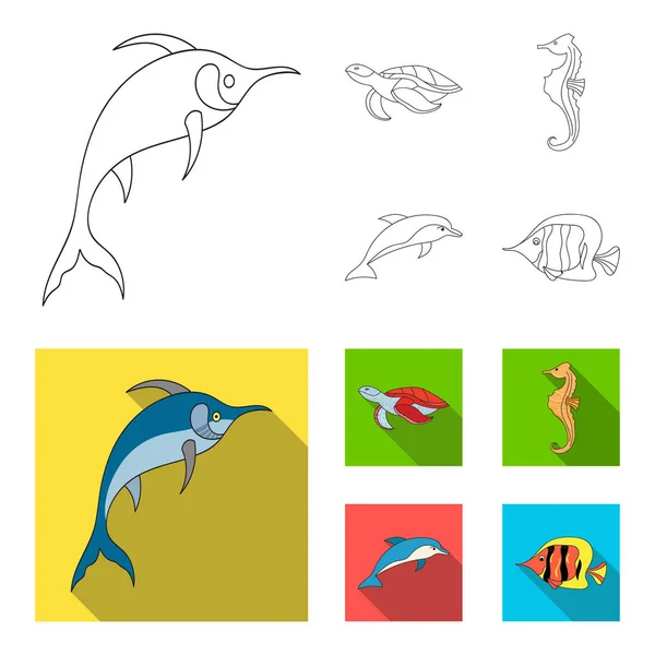 Merlin, tartaruga e outras espécies.Sea animais definir ícones de coleção em esboço, estilo plano símbolo vetorial ilustração web . — Vetor de Stock