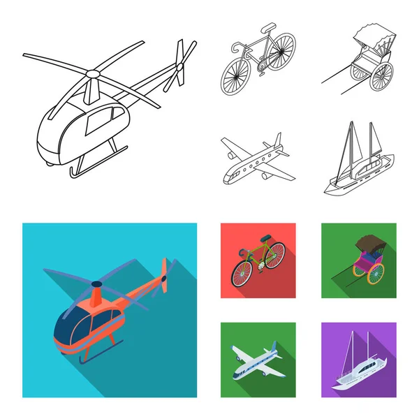 Bicycle, rickshaw, plane, yacht.Transport set collection icons in outline,flat style vector symbol stock illustration web. — Stock Vector