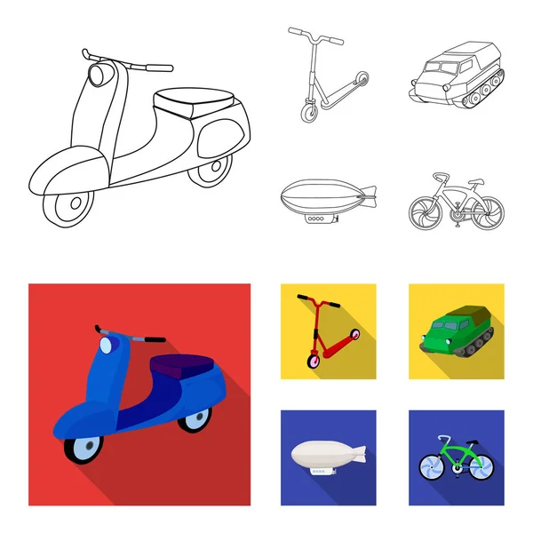 Sepeda motor, skuter, pengangkut personel lapis baja, jenis transportasi aerostat. Transport set ikon koleksi dalam garis luar, gaya datar vektor simbol saham gambar web . - Stok Vektor