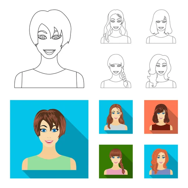 Типы женских причесок очертания, плоские иконы в наборе коллекции для оформления. Внешний вид веб-иллюстрации женского векторного символа . — стоковый вектор