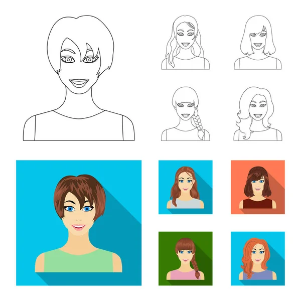 Tipos de penteados femininos esboço, ícones planos na coleção de conjuntos para design. Aparência de uma mulher vetor símbolo web ilustração . —  Vetores de Stock