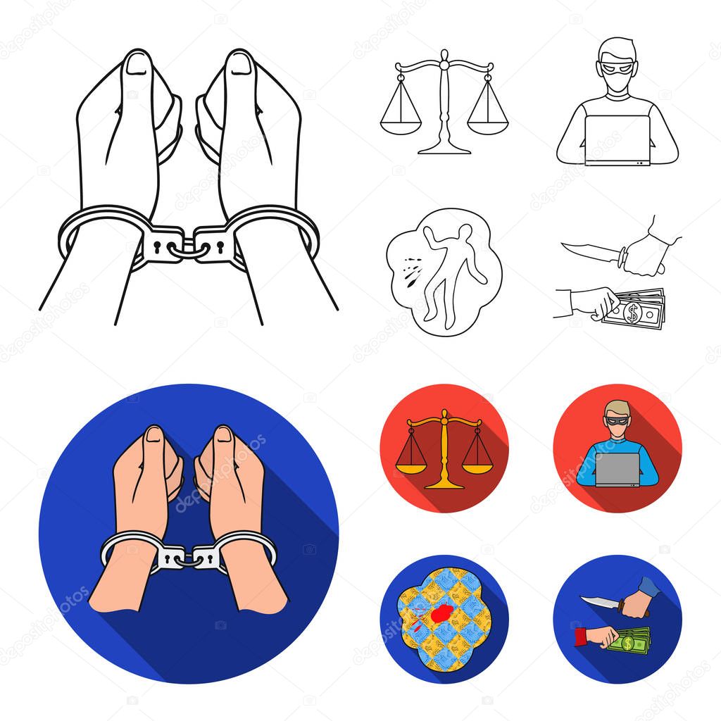 Handcuffs, scales of justice, hacker, crime scene.Crime set collection icons in outline,flat style vector symbol stock illustration web.