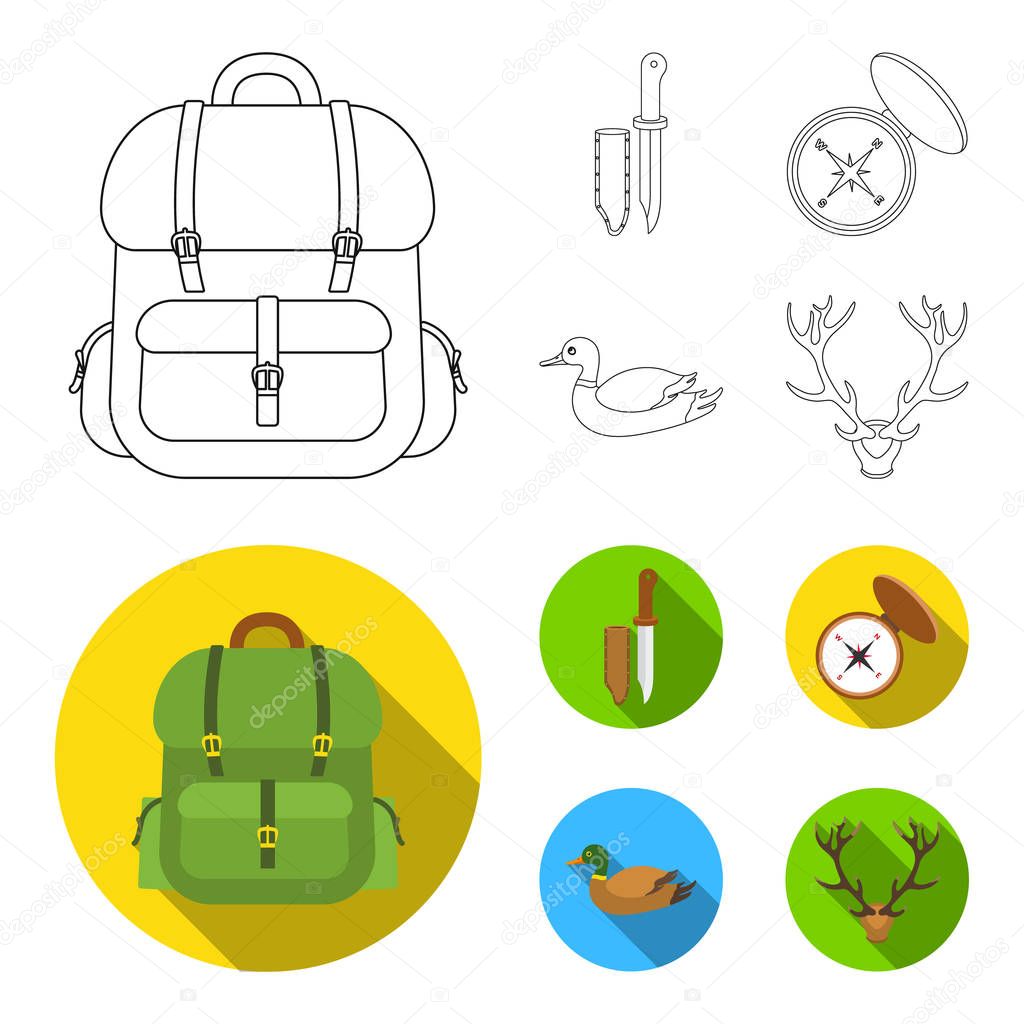 Knife with a cover, a duck, a deer horn, a compass with a lid.Hunting set collection icons in outline,flat style vector symbol stock illustration web.