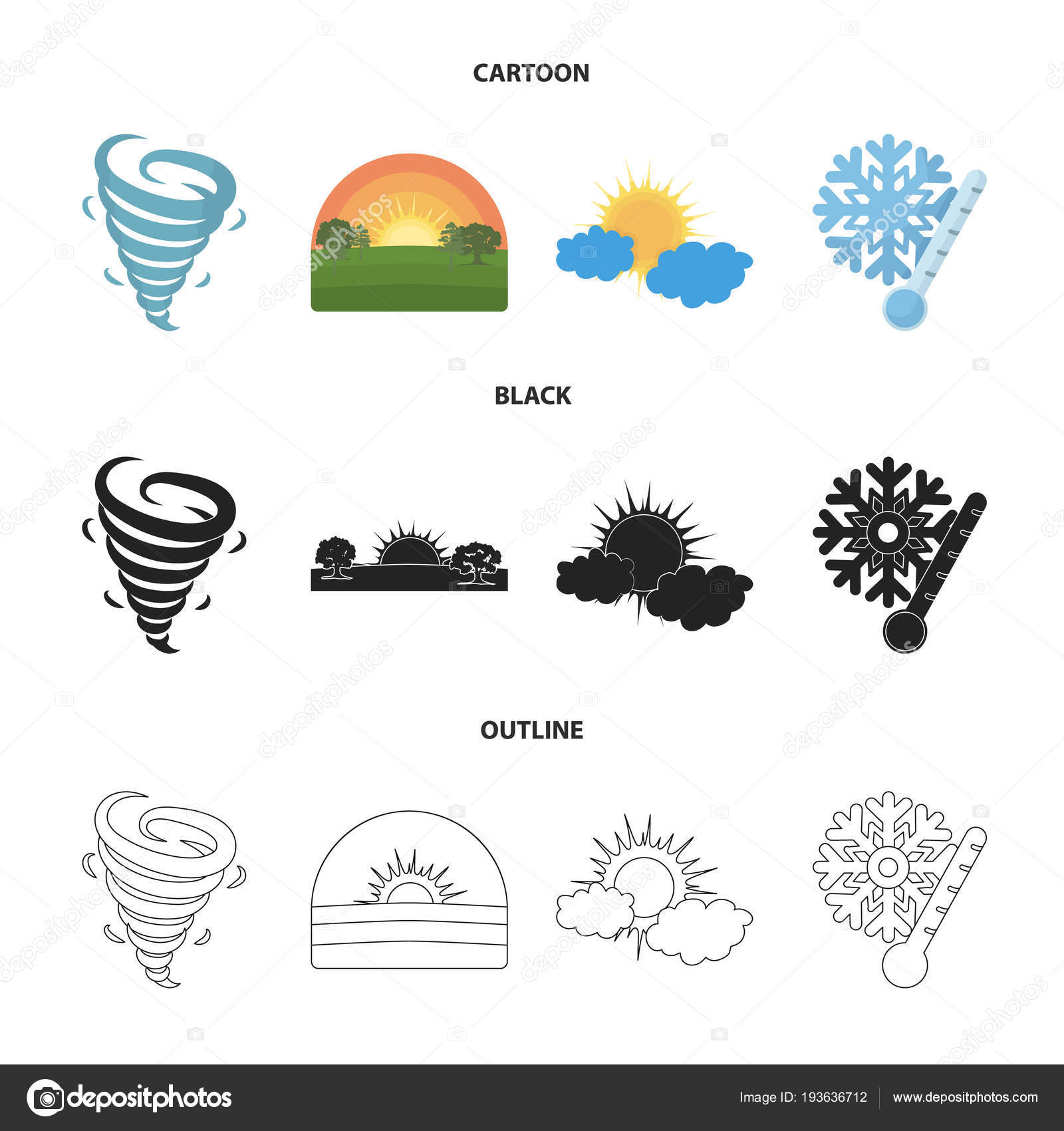 Tornado, amanecer, nubosidad, nieve y heladas. El tiempo conjunto colección  iconos en dibujos animados, negro, contorno estilo vector símbolo stock  ilustración web . Vector de stock #193636712 de ©PandaVector, image size:1600x1700