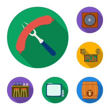 Pub, iç ve ekipman düz simgeler set koleksiyonu tasarım için. Alkol ve yiyecek sembol stok web illüstrasyon vektör.