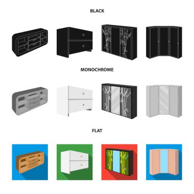 Çekmeceli, ayna, köşe dolap, beyaz göğüs ile dolap. Yatak Odası Mobilya toplama simgeler siyah, düz, tek renkli stil vektör simge stok çizim web içinde ayarla..