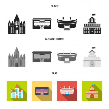 Hükümet, stadyum, kafe, kilise evi. Binada toplama simgeler siyah, düz, tek renkli stil vektör simge stok çizim web içinde.