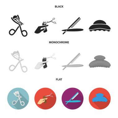 Makas, fırça, jilet ve diğer ekipmanlar. Kuaför toplama simgeler siyah, düz, tek renkli stil vektör simge stok çizim web içinde ayarla..