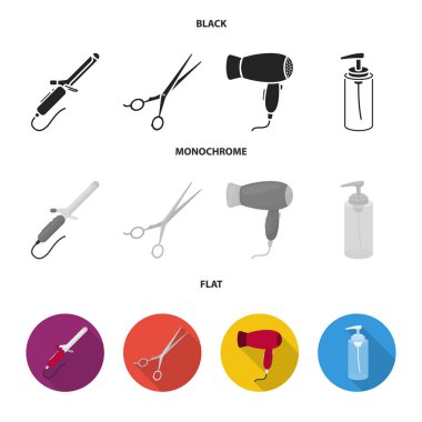 Saç kurutma makinesi, saç kurutma makinesi, losyon, makas. Kuaför toplama simgeler siyah, düz, tek renkli stil vektör simge stok çizim web içinde ayarla..
