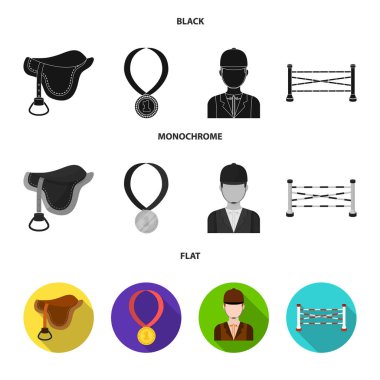 Eyer, madalya, şampiyon, kazanan. Hipodrom ve at toplama simgeler siyah, düz, tek renkli stil vektör simge stok çizim web ayarla.