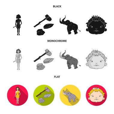 Silah, çekiç, fil, mamut. Taş Devri toplama simgeler siyah, düz, tek renkli stil vektör simge stok çizim web içinde ayarla..