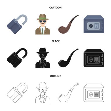 Kilit kesmek, güvenli, içilmeyen bir kanal, özel dedektif. Dedektif toplama simgeler çizgi film, siyah, anahat stili vektör simge stok çizim web içinde ayarla..