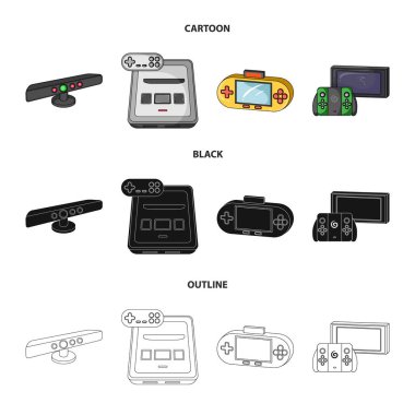 Oyun ve Tv alıcı kutusu çizgi film, siyah, anahat simgeleri set koleksiyonu tasarım için. Oyun gadget'lar sembol stok web illüstrasyon vektör.
