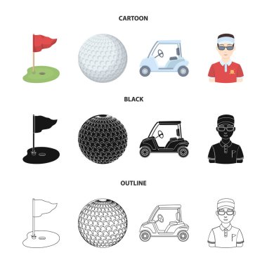 Alan bir delik ve bir bayrak, bir golf topu, bir golfçü, bir elektrikli golf arabası ile. Golf club toplama simgeler çizgi film, siyah, anahat stili vektör simge stok çizim web içinde ayarla..