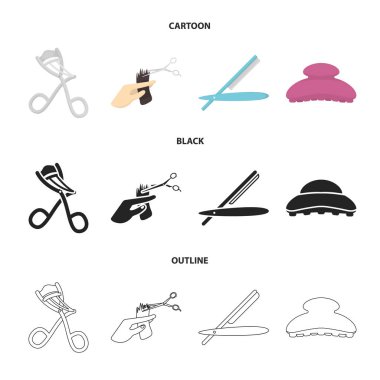 Makas, fırça, jilet ve diğer ekipmanlar. Kuaför toplama simgeler çizgi film, siyah, anahat stili vektör simge stok çizim web içinde ayarla..