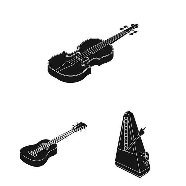 Musikinstrument schwarze Symbole in Set-Kollektion für Design. Saiten- und Blasinstrument isometrisches Vektor-Symbol Stock Web Illustration. — Stockvektor